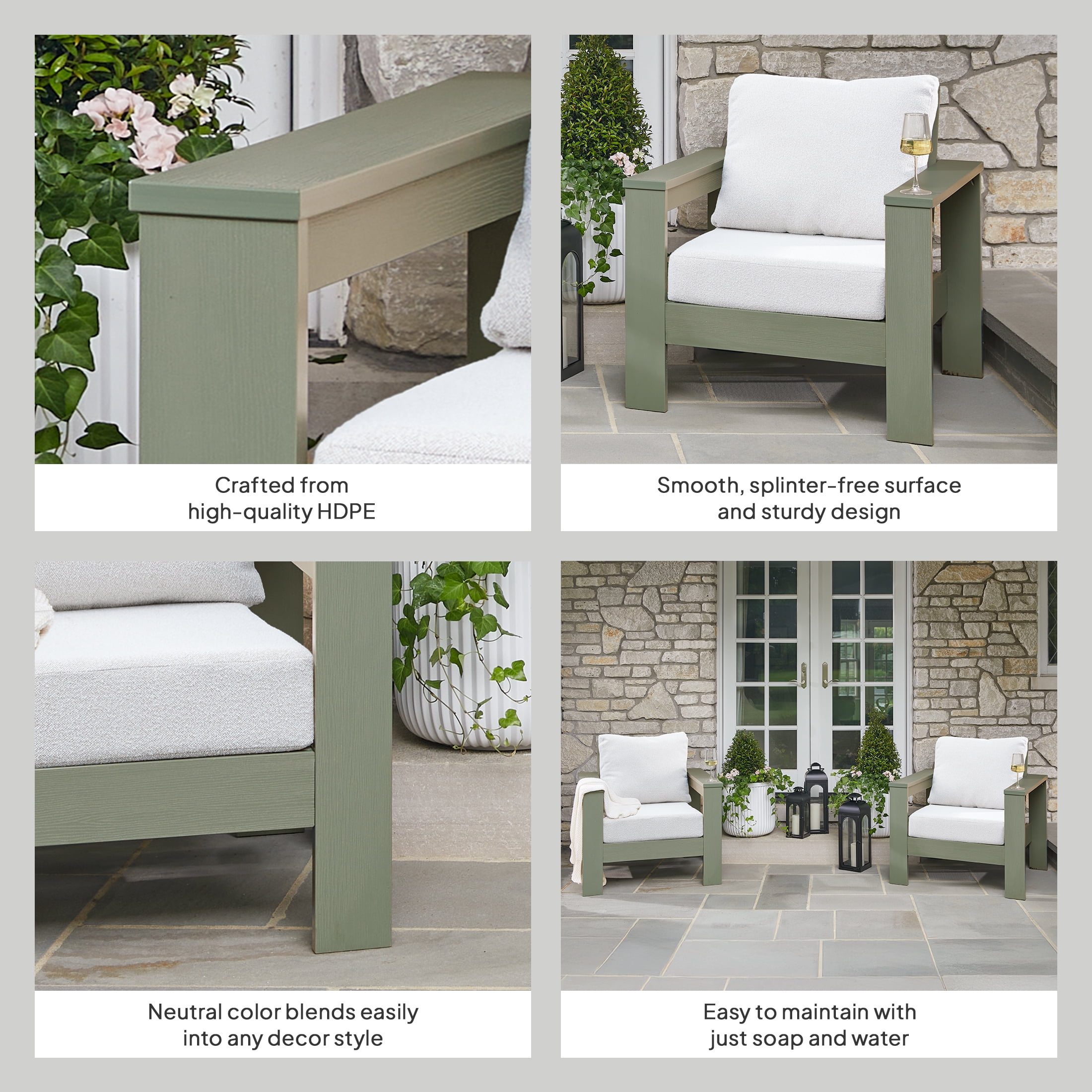 Better Homes & Gardens Ezra Outdoor HDPE Club Chair, Green with Cream Boucle Cushions
