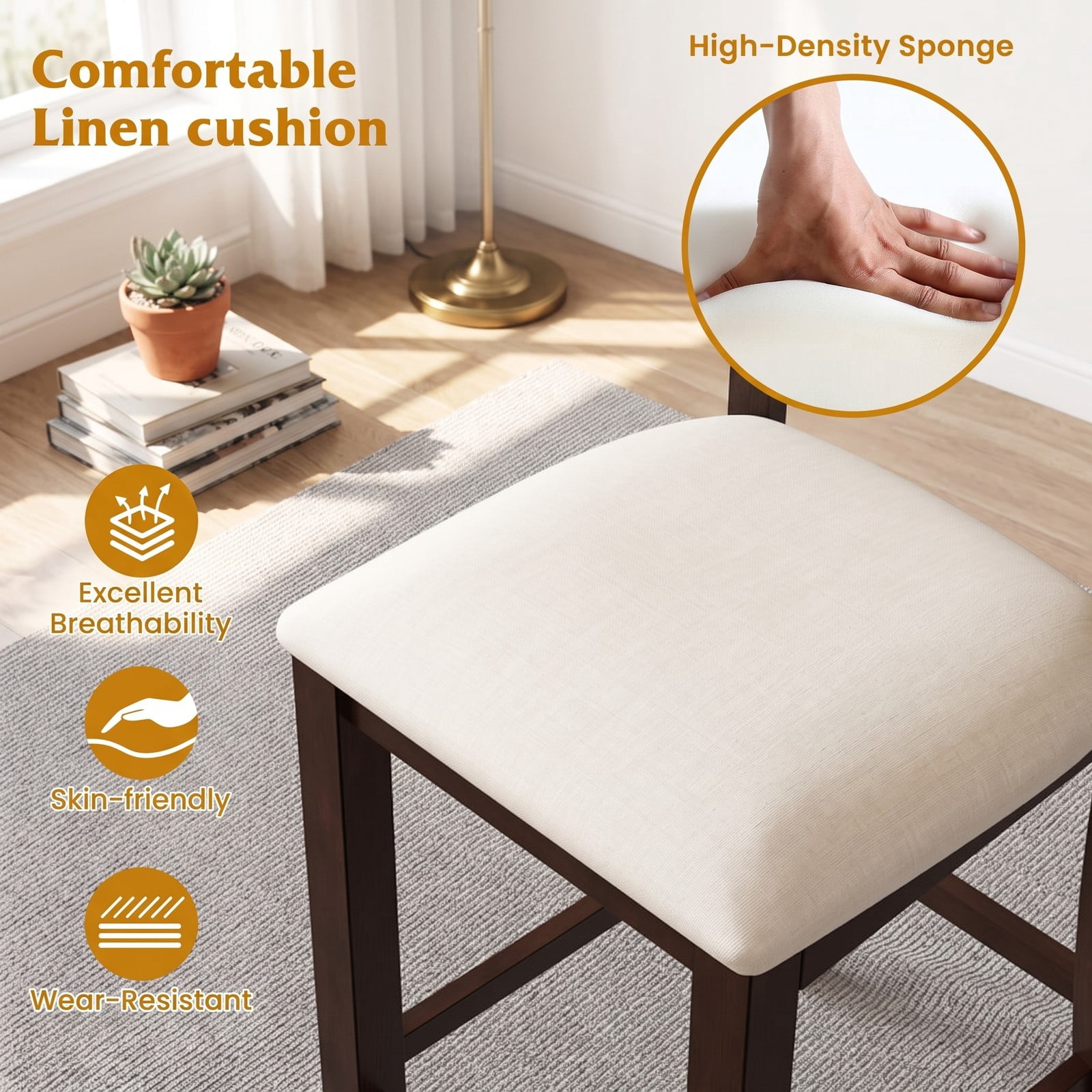Furnibear Modern Farmhouse Counter Height Bar Stools Set of 2 with Footrest, Curved Slatted Back and Linen Cushioned Seat, 24 Inch Rubber Wood, Walnut and White