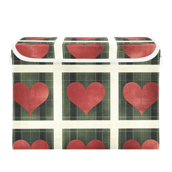 Green Plaid Hearts Valentine Foldable Storage Bin with Lid and Handle Collapsible Storage Box 16.5 x 12.6 x 11.8 inches