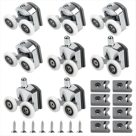 Curved Shower Door Rollers, 8Pcs Shower Glass Door Rollers, Replacement Shower Door Wheels, for Curved Bathroom,4 pairs x pulleys 8 x anti-collision blocks 8 x screws,Silver