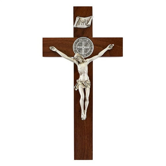 Walnut Wood Crucifix with Two Sided Pewter Saint Benedict Medal and Corpus, 12 Inch