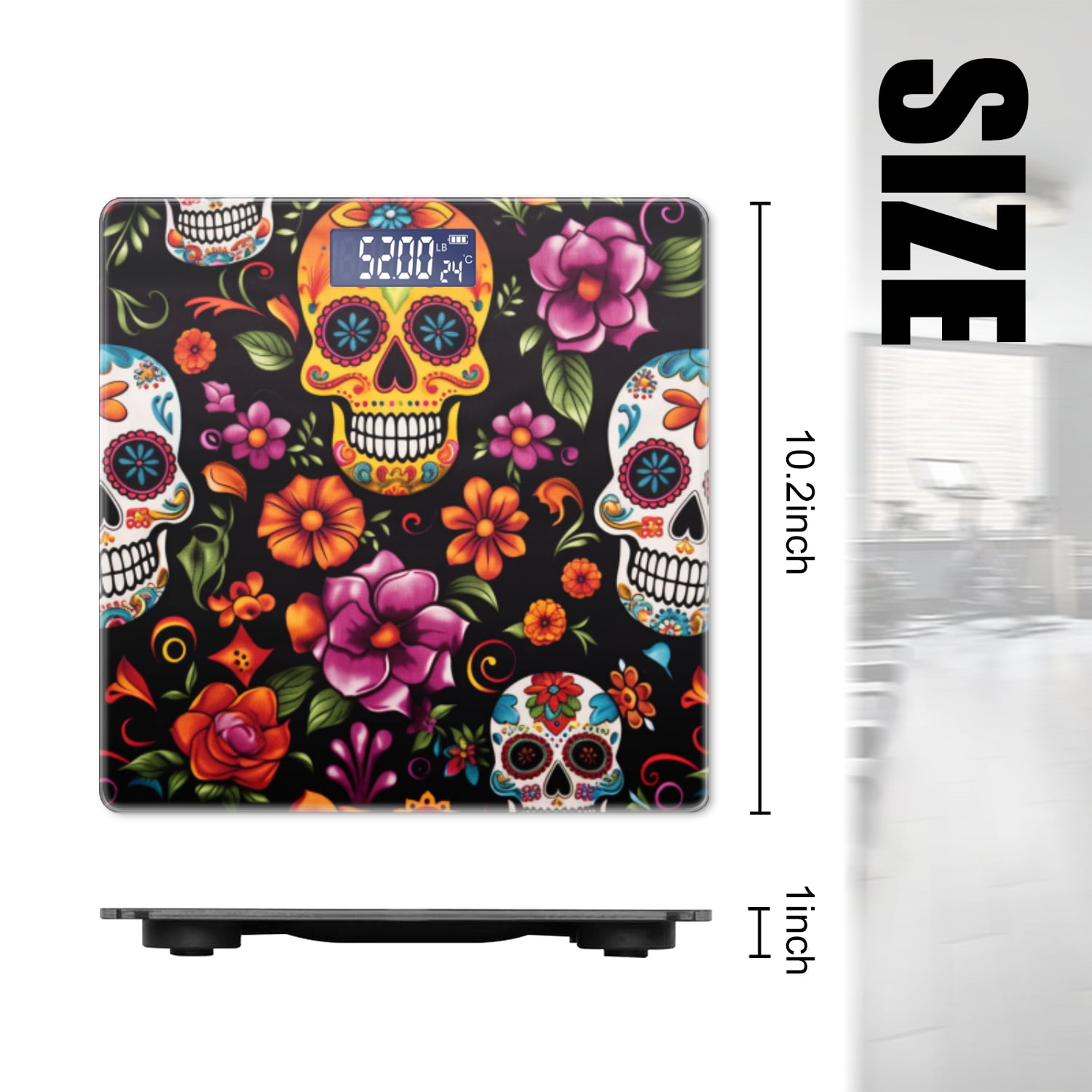 High Precision Body Weight Scale Smart Bathroom Scales with Large LCD Display(400lbs),Decorative for Bedroom-Colorful Skulls And Flowers