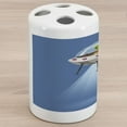 thumbnail image 1 of Alien Ceramic Toothbrush Holder, Flying UFO with a Green Creature Waving Extraterrestrial Cartoon Style, Decorative Versatile Countertop for Bathroom, 4.5" X 2.7", Dark Violet Multicolor, 1 of 4