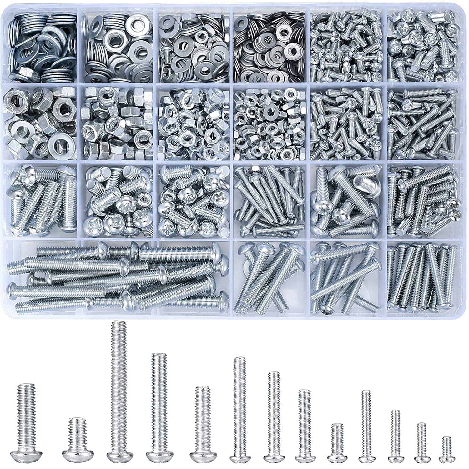 1080Pcs Screws Bolts and Nuts Assortment Kit – Metric Machine Screws with Nuts & Flat Washers, M3 M4 M5 M6 Cross Slotted Round Head Bolts Set for Home Repair DIY