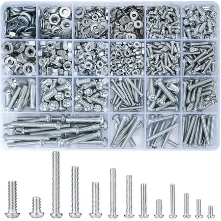 1080Pcs Screws Bolts and Nuts Assortment Kit – Metric Machine Screws with Nuts & Flat Washers, M3 M4 M5 M6 Cross Slotted Round Head Bolts Set for Home Repair DIY