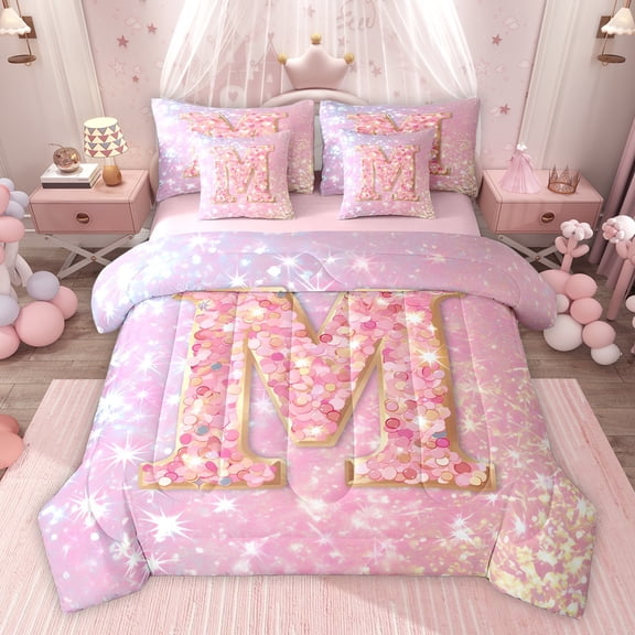 Feelyou Chic Pink Monogrammed M Twin Bedding Sets 7-Piece, Glitter Mermaid Scale Bedding Comforter Set, Dreamy Princess Cartoon Reversible Sheet Sets, Breathable Home Decor