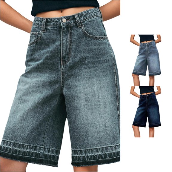SONXAHE Women's High Waist Denim Shorts Raw Hem Street Daily Knee Length Jorts