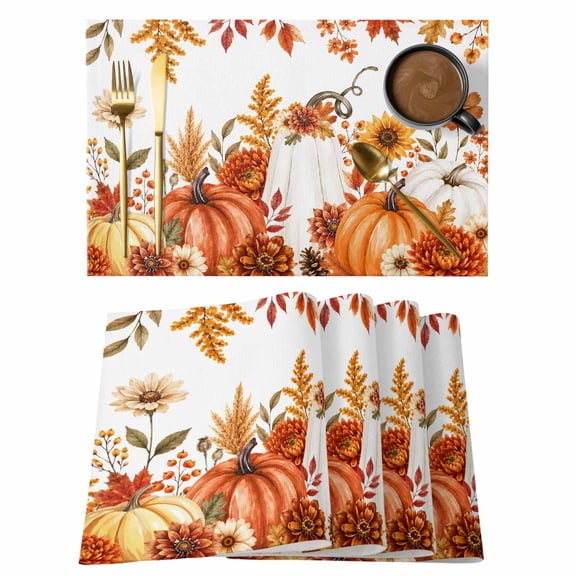 Thanksgiving White Pumpkins Placemats Set of 1, Fall Orange Pumpkin Flower Leaf Non-Slip Place Mats Washable Table Mats for Kitchen Dining Table Decorations Indoor/Outdoor