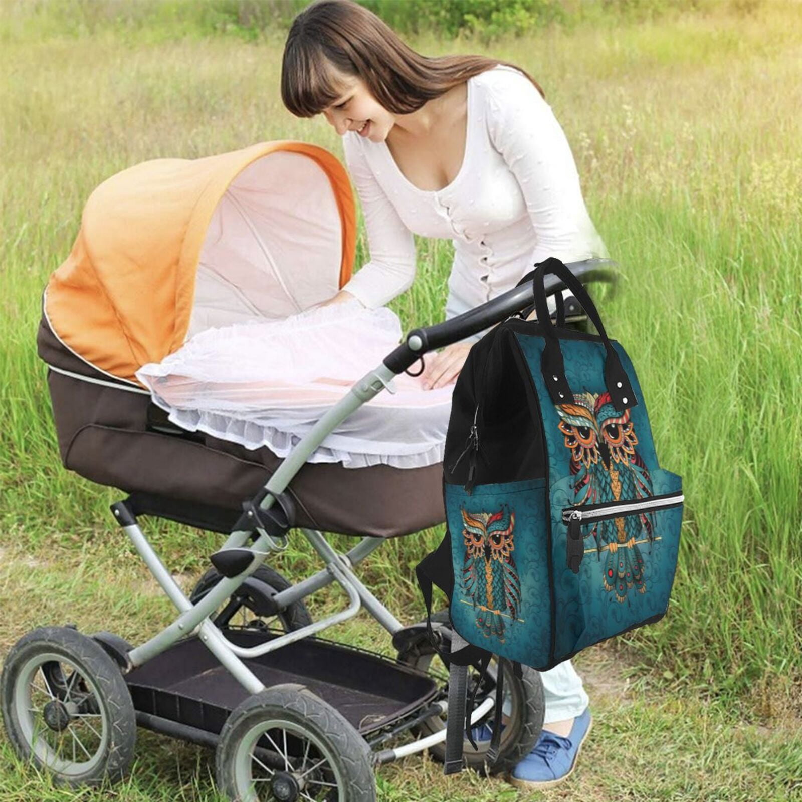 Ratiio Owl In Blue Mummy Backpack - Waterproof Twill Canvas, Large Capacity Diaper Bag with Multiple Pockets and Adjustable Straps