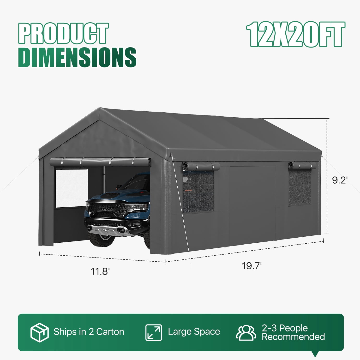 BaPiPro 12x20FT Heavy Duty Carport, Portable Garage Car Canopy with Removable Sidewalls & Roll-Up Doors, Car Shelter for Cars,Trucks and Tools Storage, Gray