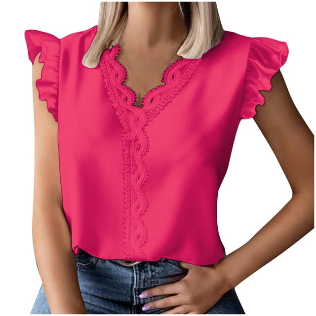 Timegard Womens Tops Lace V Neck Ruffle Cap Sleeve Lightweight Tee Casual Office Loose Shirts Tops