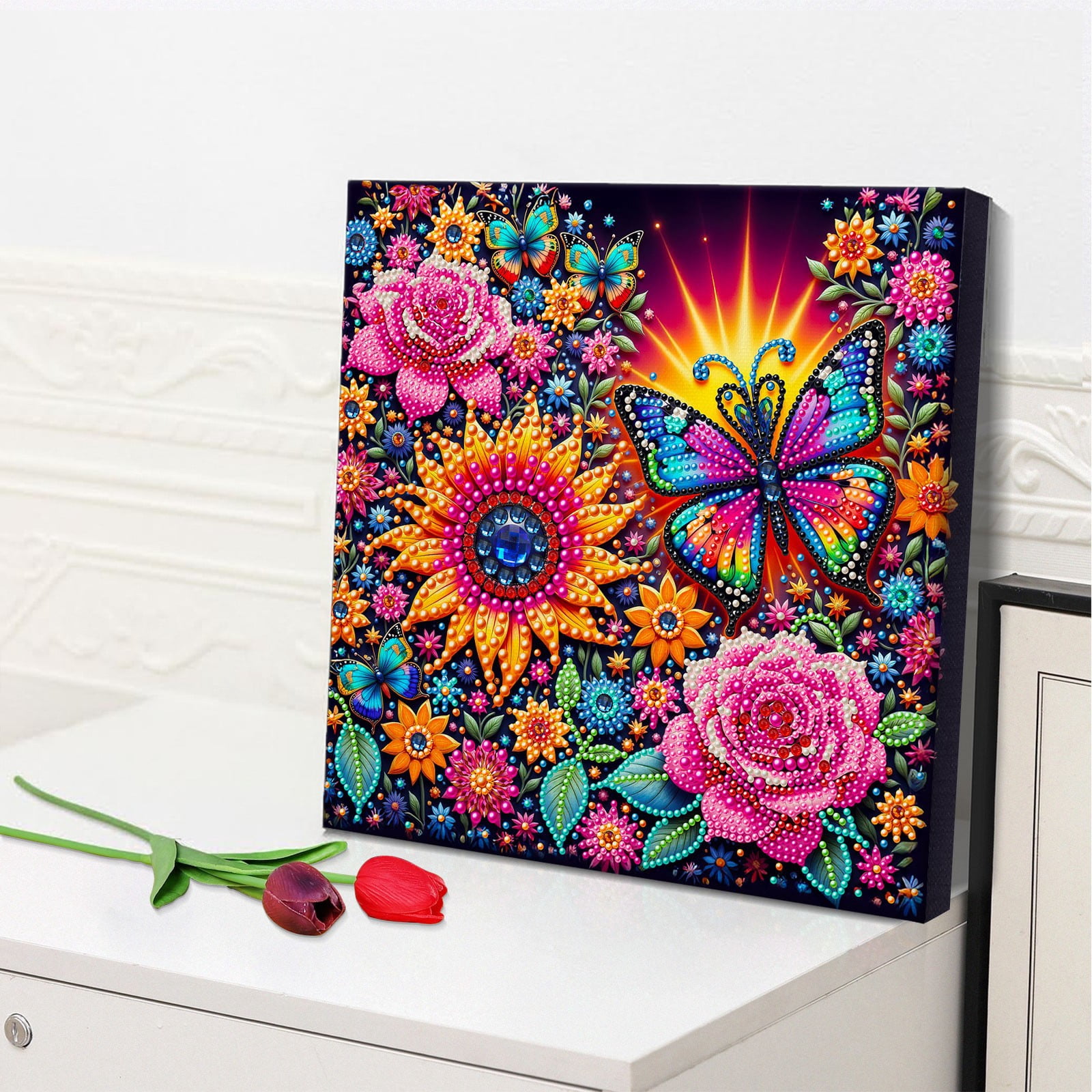 FLOPESN DIY Pearl Painting Kit with Wood Frame, 11.42x11.42 Inch Home Wall Art Decor, Mindful Adult Craft for Stress Relief and Relaxation-Butterfly-3