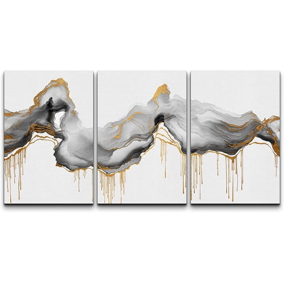 wall26 Canvas Print Wall Art Set Gold Black Cloud Watercolor Pastel Paint Strokes Nature Abstract Illustrations Modern Art Rustic Landscape for Living Room, Bedroom, Office - 16"x24"x3 Pane