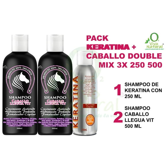 Keratina + Caballo Double Mix 3X 250 500 VivoNatural 1 Shampoo de Keratina Nutrición Capilar 250 ml + 2 Shampoos Caballo LleguaVit 500 ml