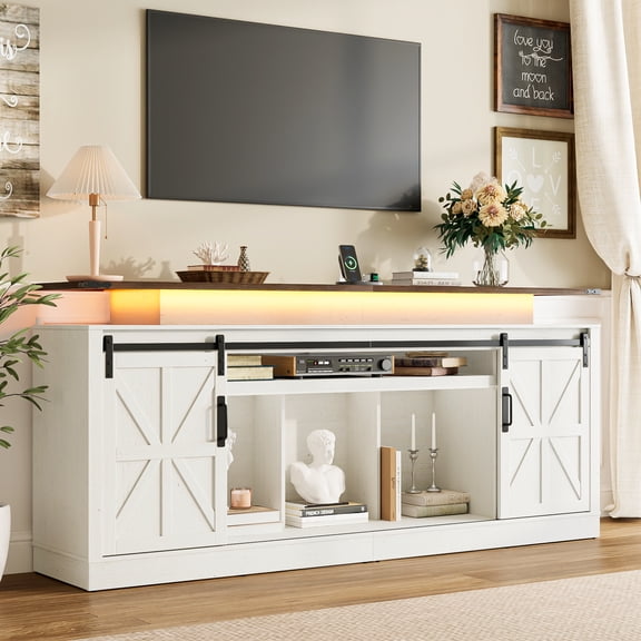 ANPOO 70.9" Farmhouse TV Stand with LED Light and Charging Station, Media Console Entertainment Center Fits Up to 90 Inch TV, Rustic Wooden Television Stand for Living Room