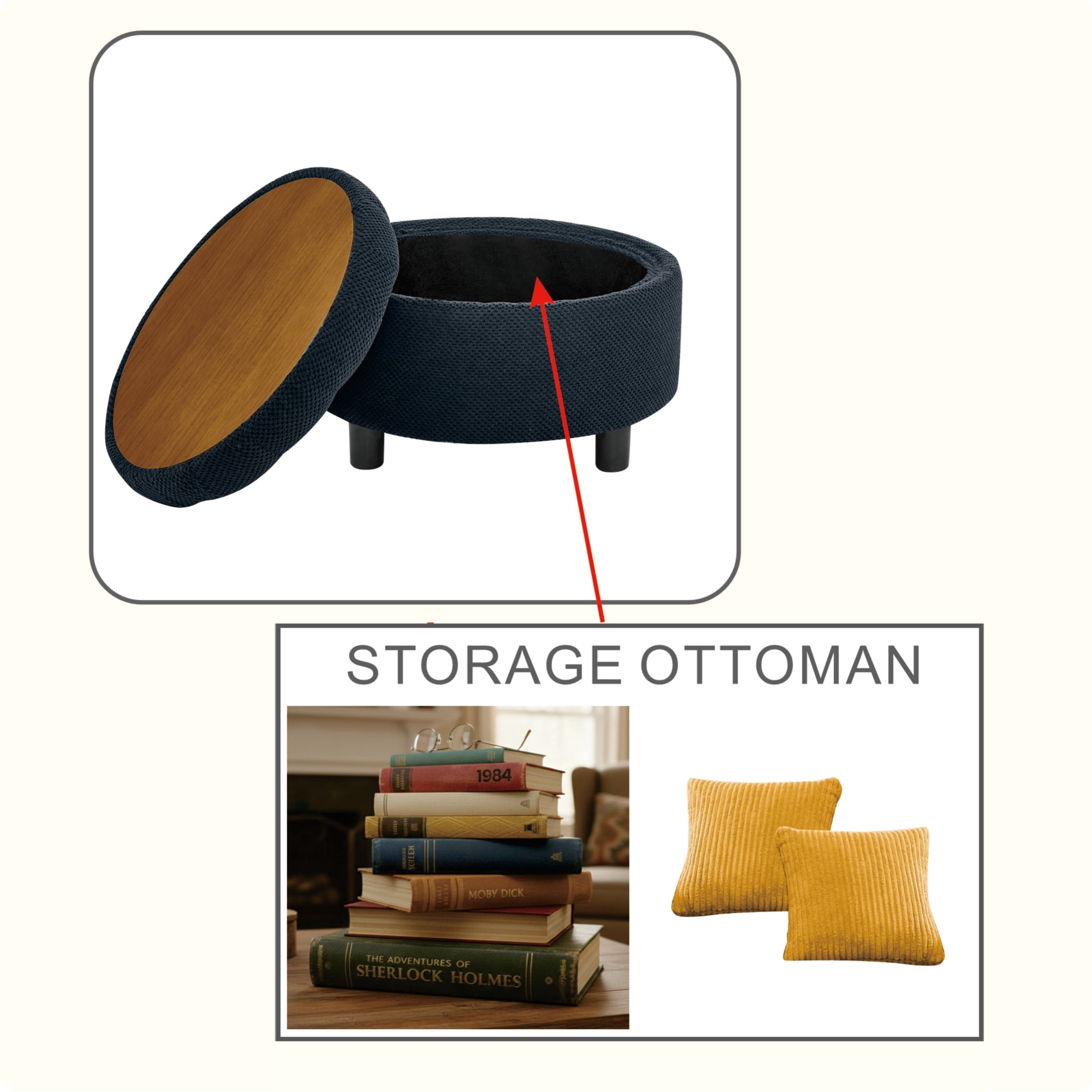 Noble House 25" Round Storage Ottoman with Removable Tray Top, Upholstered Coffee Table, Black