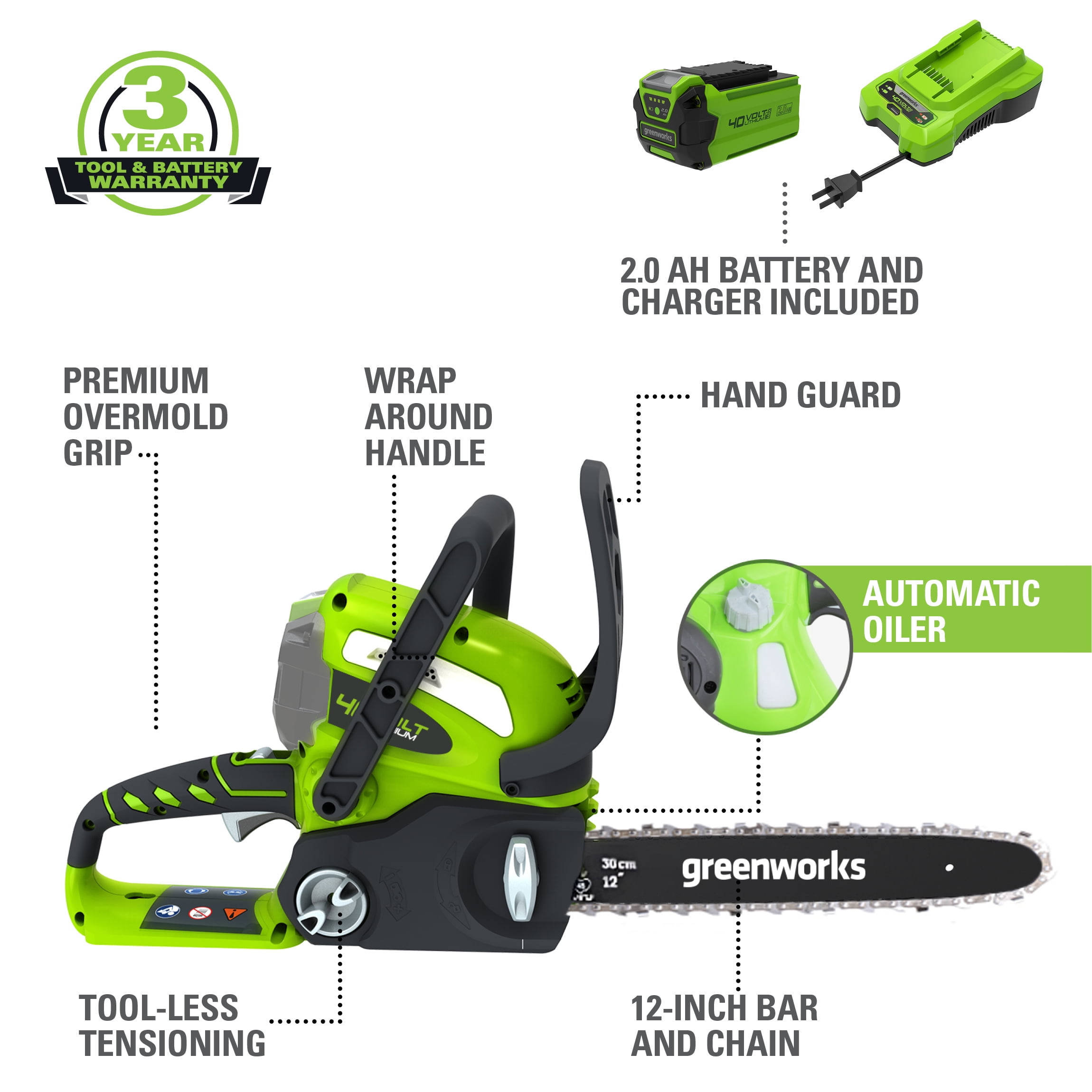 Greenworks 12" 40 V Battery Powered Chainsaw