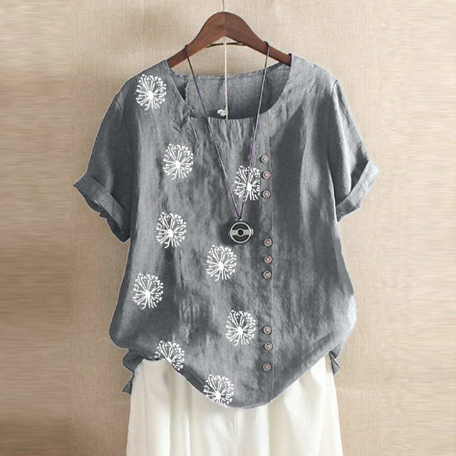 CHOK Hauts d'Été pour Femmes Tendance Lin Coton Confortable Manches Courtes Chemises Habillées Blouses Col Rond Hauts d'Été 2024 Imprimé Floral T-Shirts Décontractés Tunique Plus