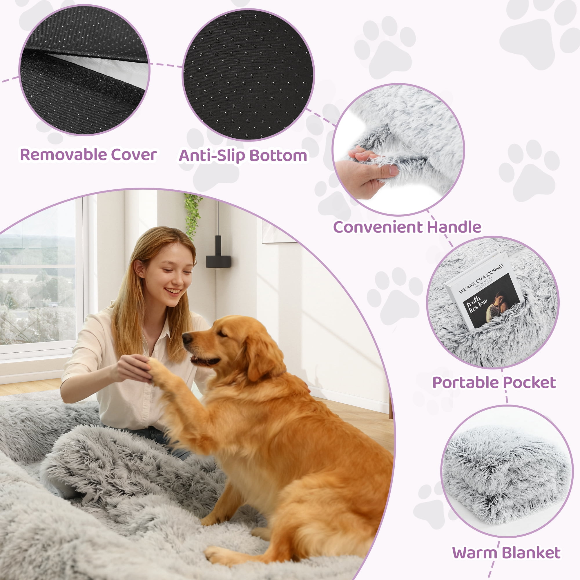 Skandiquip Large Human Dog Bed for Pets and Adults, 75"x43"x10", Plush Washable Cover With Blanket, Non-Slip Base, Orthopedic Memory Foam Support, Light Grey
