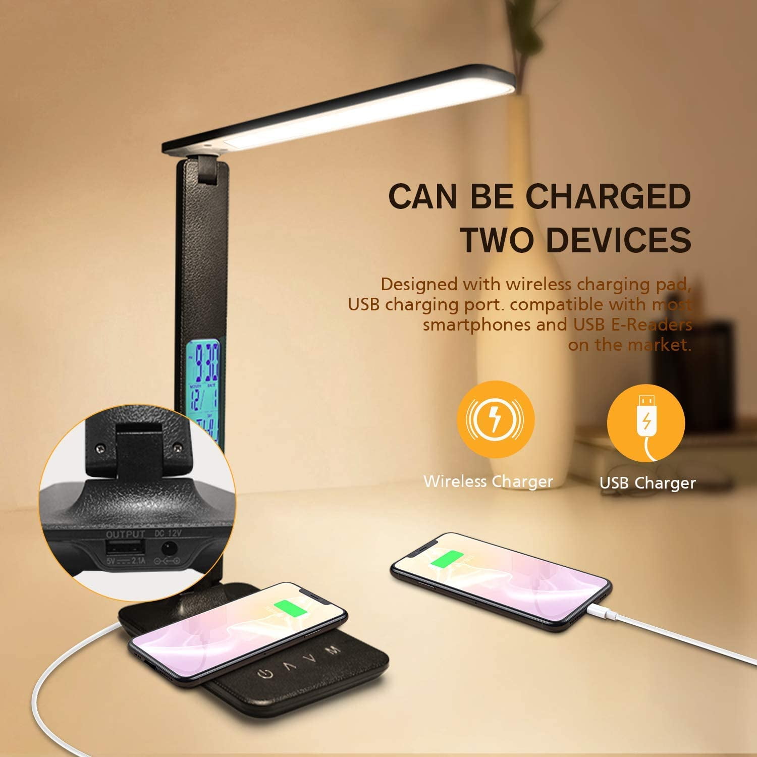 LED Desk Lamp with Wireless Charger and USB Port, Foldable, Clock and Alarm, 5-Level Dimming, Black