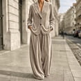thumbnail image 2 of Szluipve 2 Piece Sets for Women Velvet 2 Piece Suit Outfit Notched Lapel Button Blazer Jacket & High Waist Wide Leg Pleated Pants Elegant Casual Matching Set with Pockets Khaki S, 2 of 8