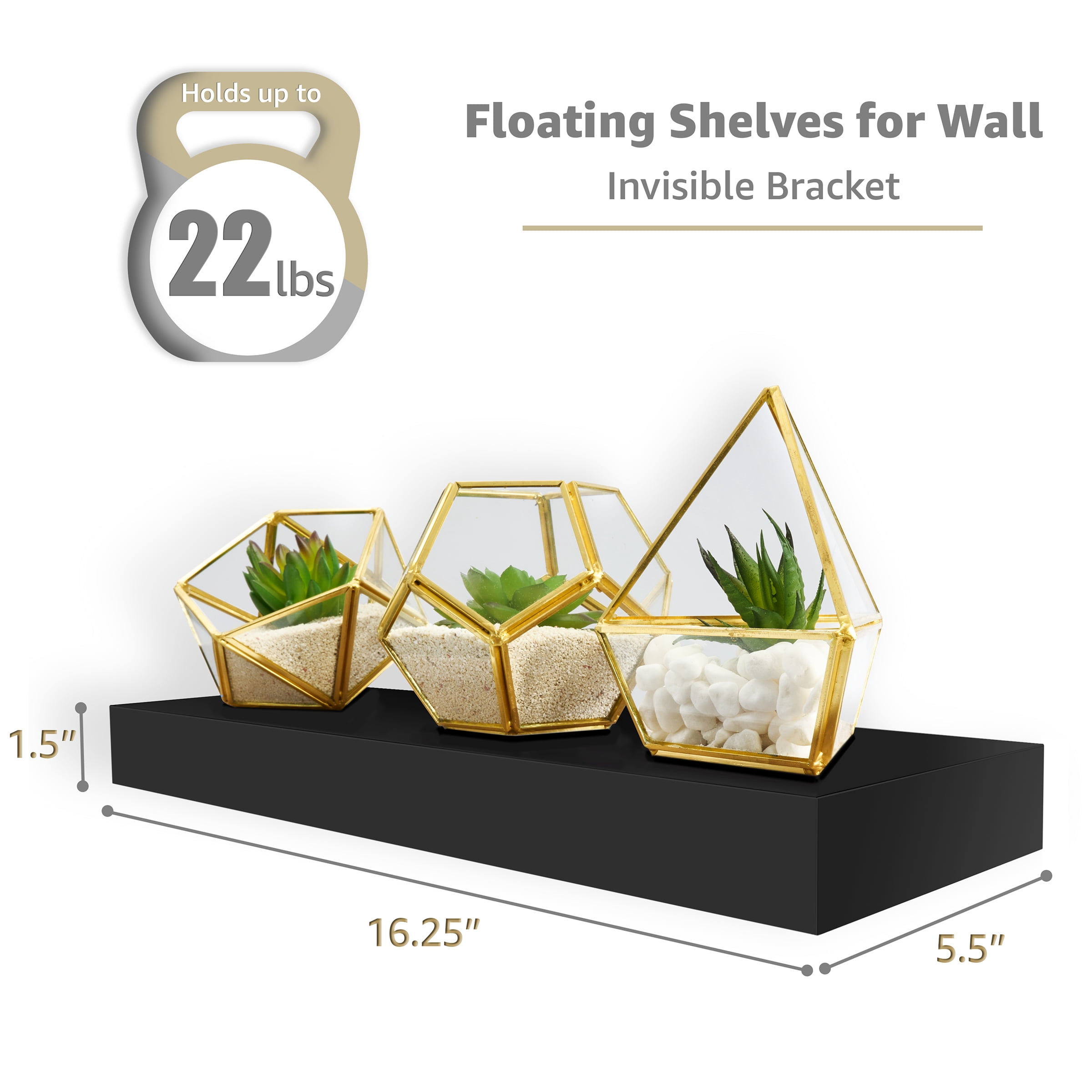 Sorbus 16.25" Black Floating Shelves (Set of 5) – Wall Storage for Décor, Frames, Trophies