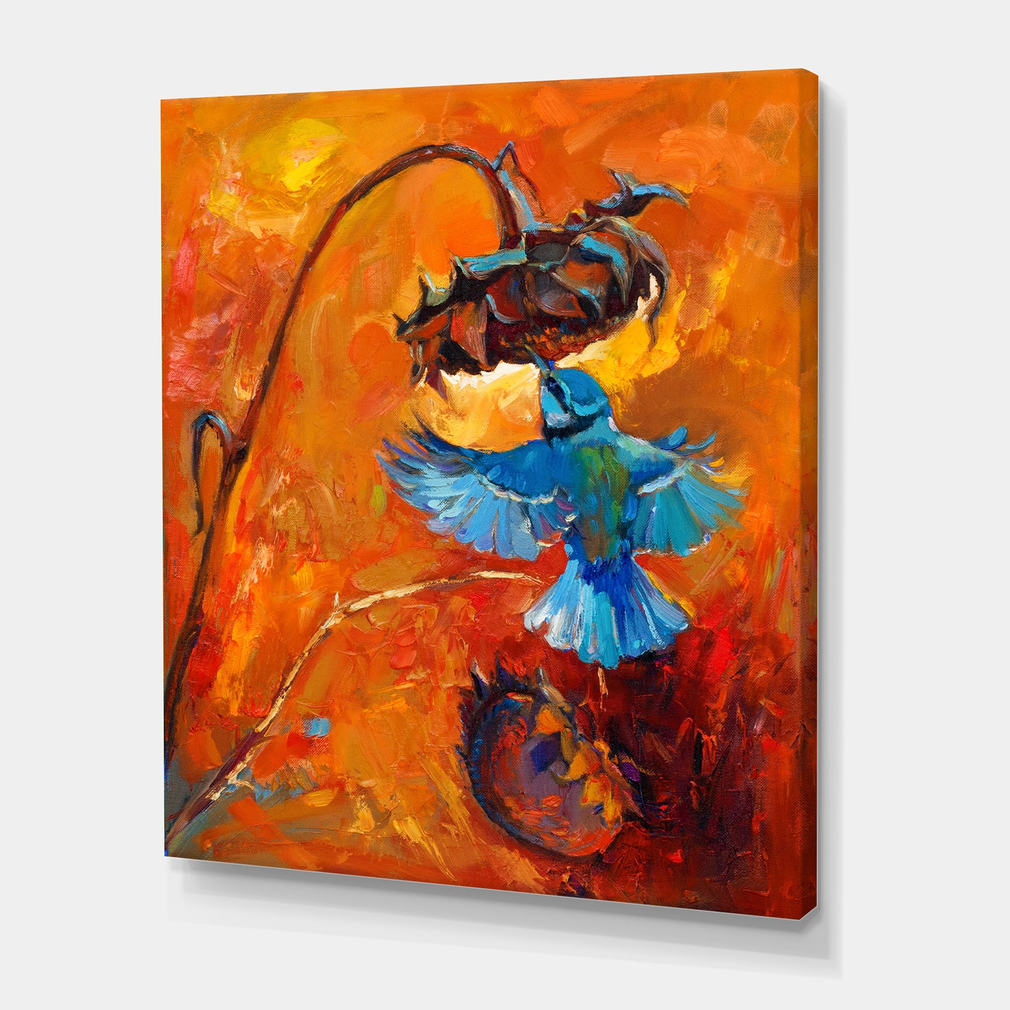 Designart ' Blue Hummingbird On Orange Sunflower ' Traditional Canvas Wall Art Print