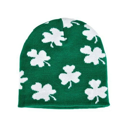 Saint Patrick's Day Irish Green And White Shamrock Knit Winter Beanie Hat