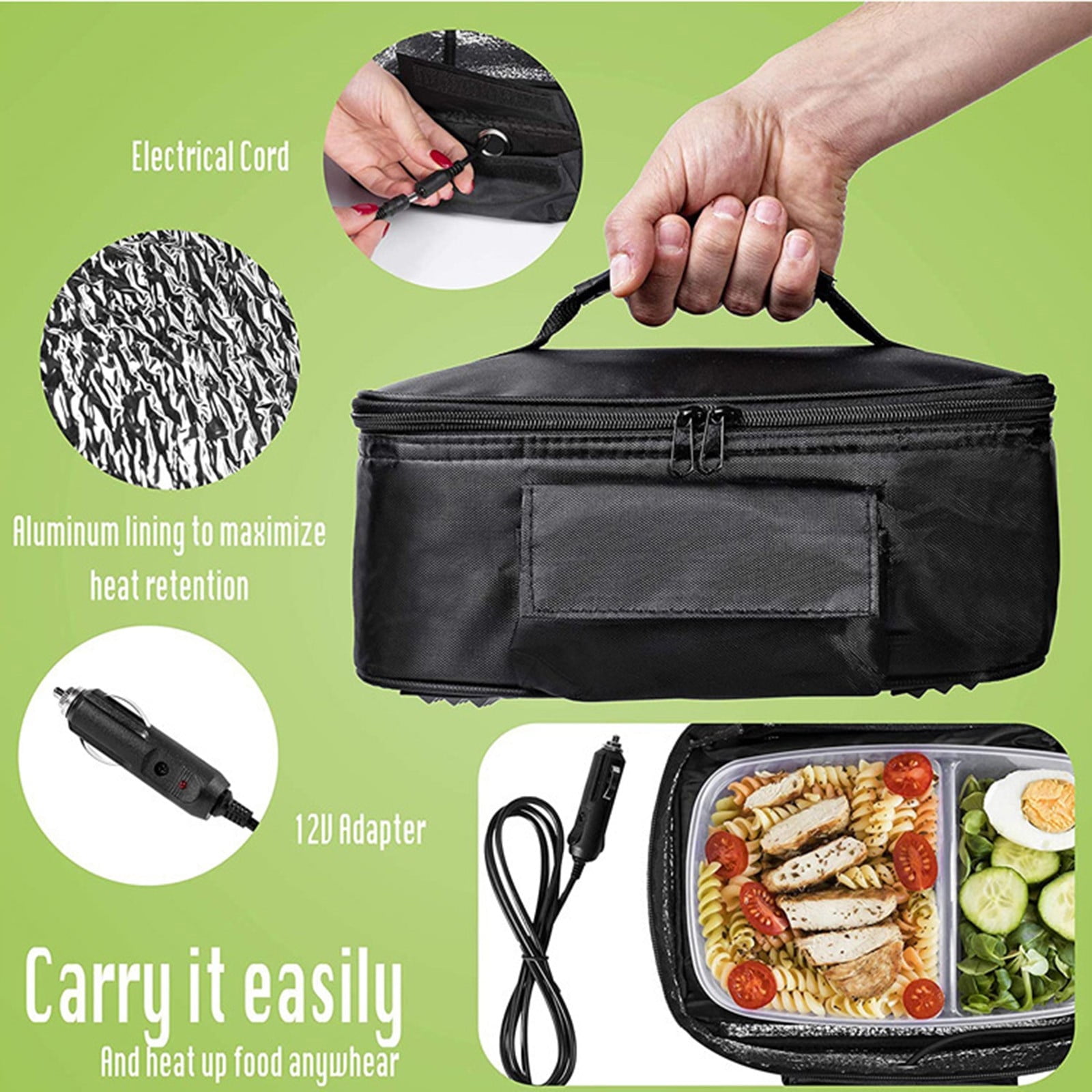 12V Portable Car Food Warmer Mini Oven Microwave Self Heating Lunch Bag Electric Food Warmer Lunch Box For Meals Reheating & Food Cooking (Black) Light Interior Interior Vehicle Lights