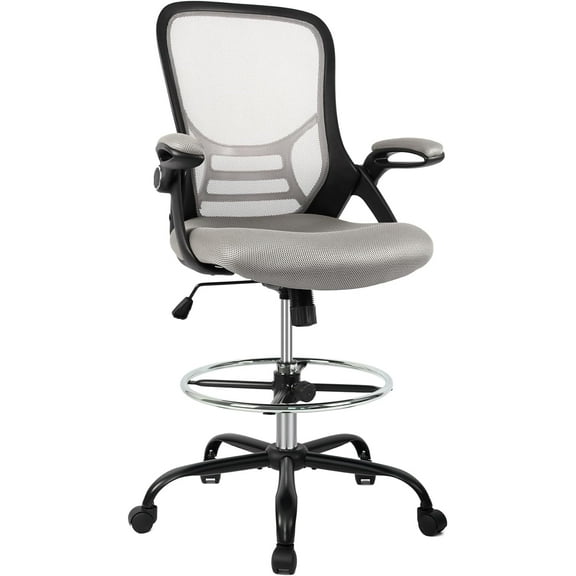 HYLONE Drafting Chair, Tall Office Chair Standing Desk Chair Grey Mesh High-Back Drafting Stool with Flip-Up Arms, Adjustable Foot Ring