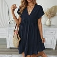 thumbnail image 2 of Women's Casual V Neck Short Sleeve Dress For Everyday Wear Basic Solid Color Summer Spring Outfit With Necklace Styling, 2 of 2
