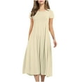thumbnail image 2 of Maxi Dress for Women Plus Size wedding guest Women's Casual Fashion Solid Short Sleeve Round Neck Pleated Slim Ladies Vintage A-Line Dress Dresses Vestidos De Verano Para Mujer, 2 of 5