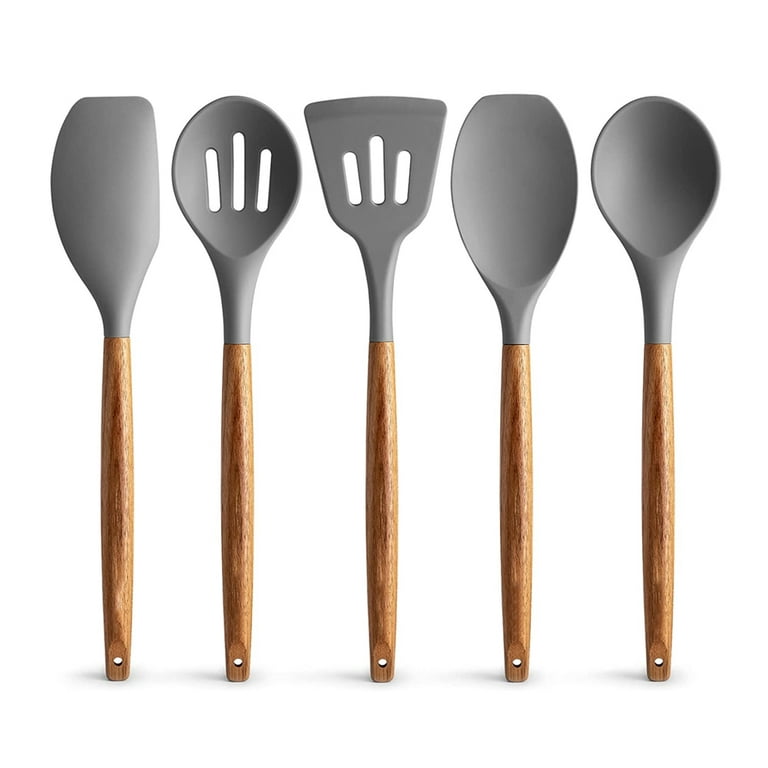 5PC Silicone Cooking Kitchen Utensils Set with Holder,Wooden Handles  Cooking Tool,BPA Free,Non Toxic Turner Tongs Spatula Spoon Kitchen Gadgets  Set for Nonstick Cookware 