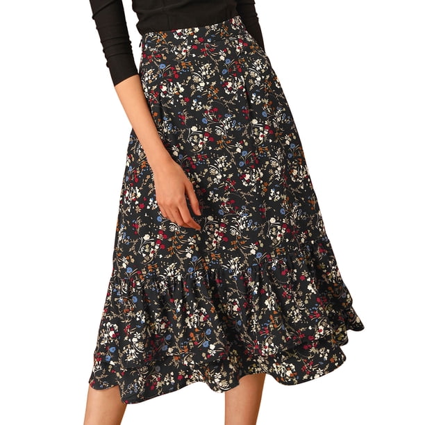 Falmidi fluicon dobladillo con volantes escalonados y cintuelástiestampapamujer Negro-Floral M