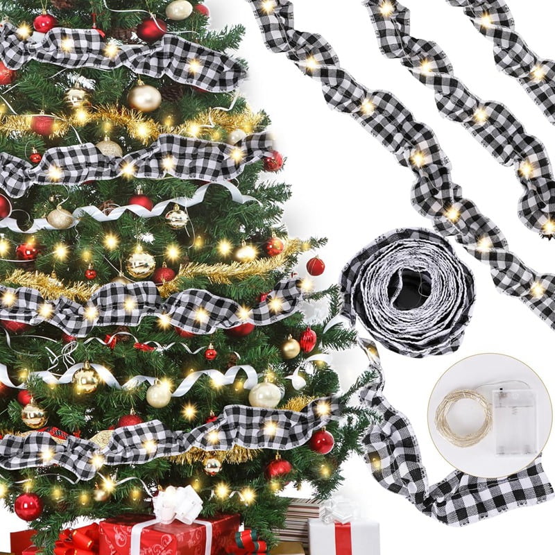 6 Rolls LED Rustic Christmas Tree Garland Ribbon Craft with LED Lights for Christmas Decorations Black&White
