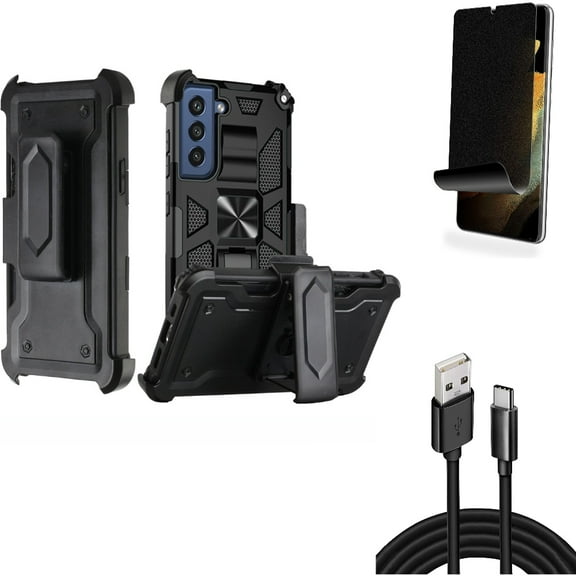 Privacy Screen Protector & Case Belt Clip & 10ft USB Cable for Samsung Galaxy S22 Plus (S22 ) - Combo TPU Film (Fingerprint Works) Anti-Peep & Holster Swivel Cover & Type-C Charger Cord Power