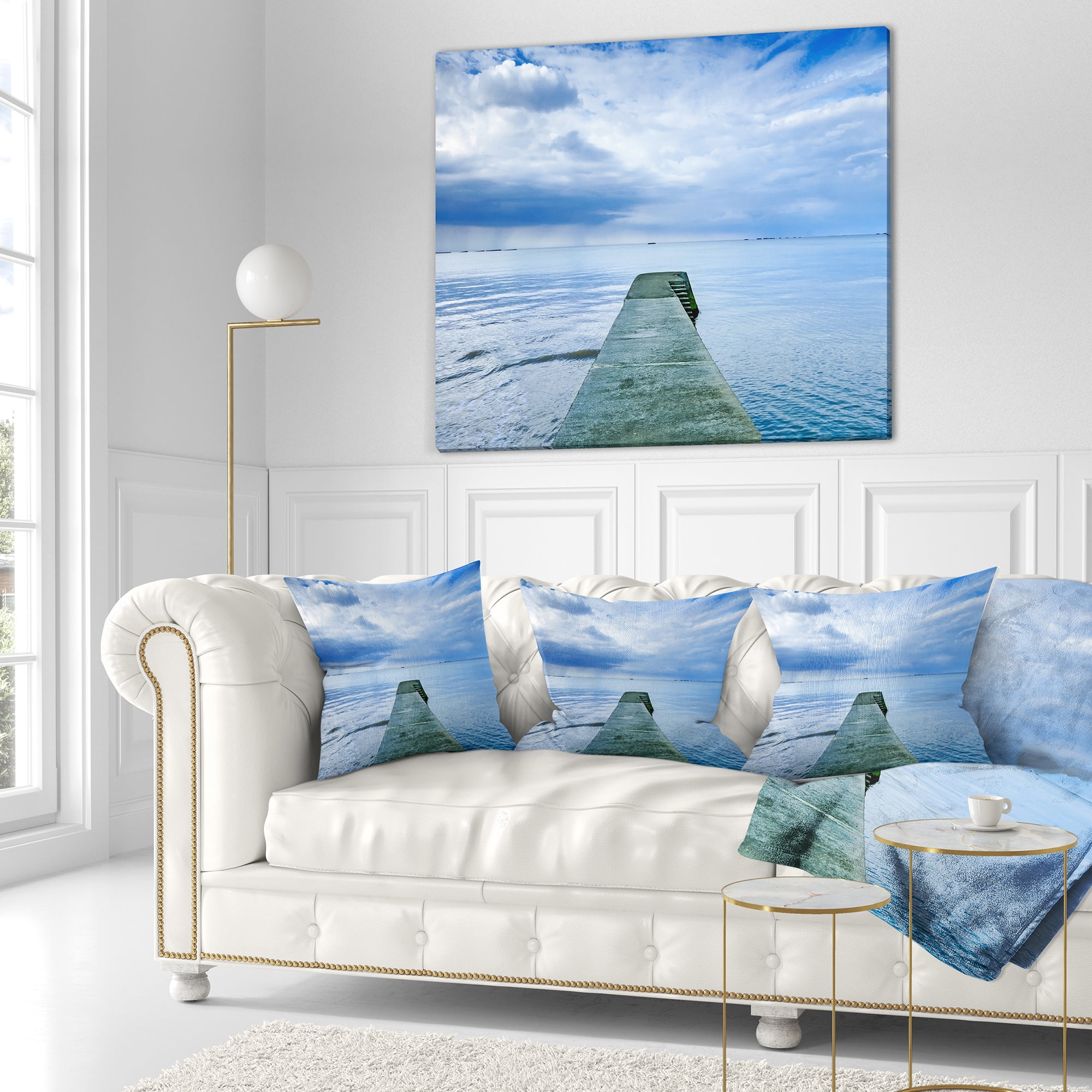Designart Concrete Pier Under Cloudy Sky - Seascape Throw Pillow - 16x16