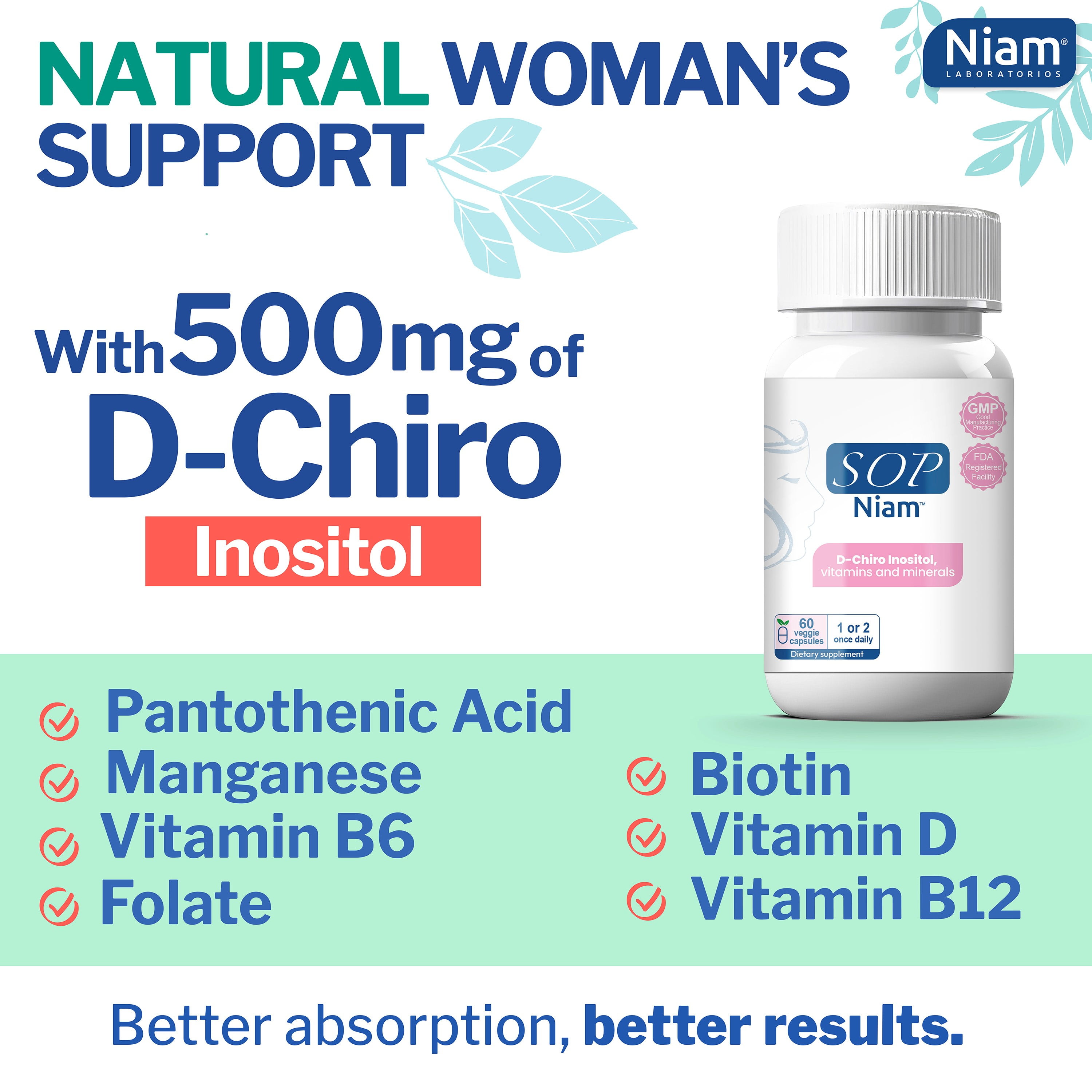 60 Day Supply | D-Chiro Inositol Supplement for PCOS - 475mg | Folic Acid, Vitamin B6, B12, D3 & Biotin | Polycystic Ovary Syndrome | Hormonal Balance | SOP® NIAM