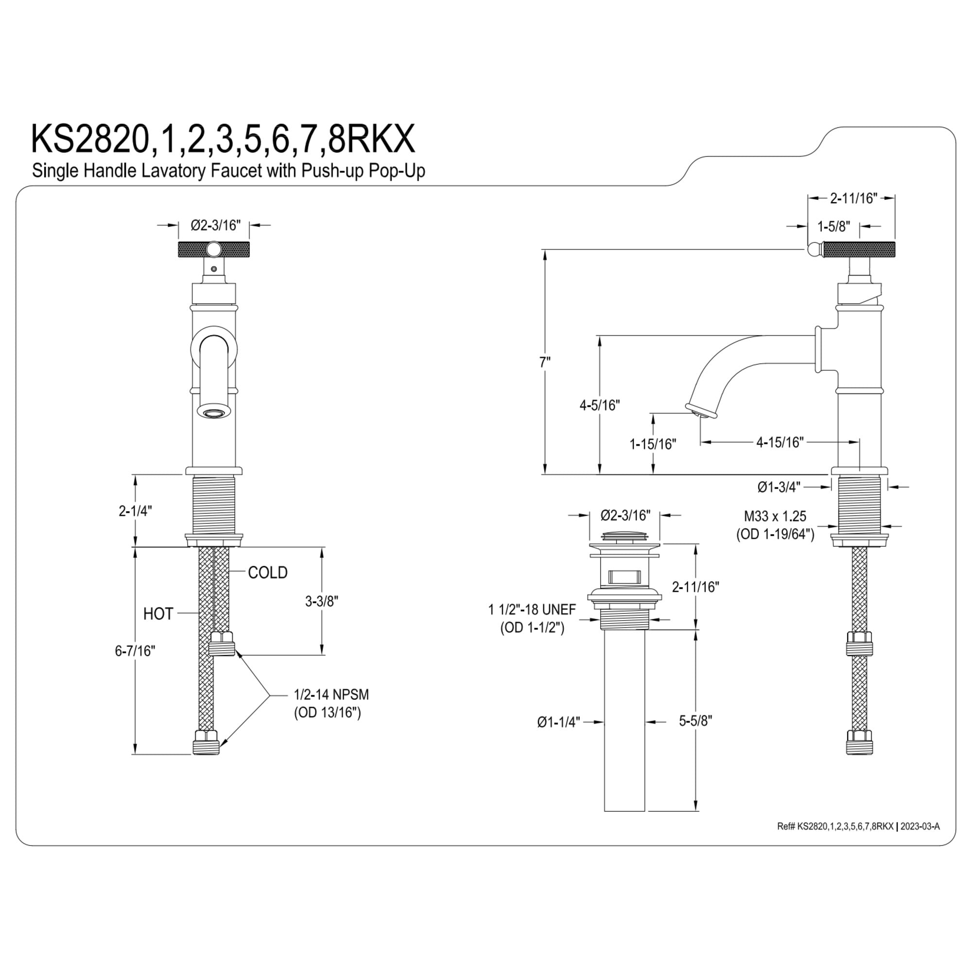 Kingston Brass KS2825RKX Webb One-Handle Single-Hole Bathroom Faucet with Knurled Handle and Push Pop-Up Drain, Oil Rubbed Bronze