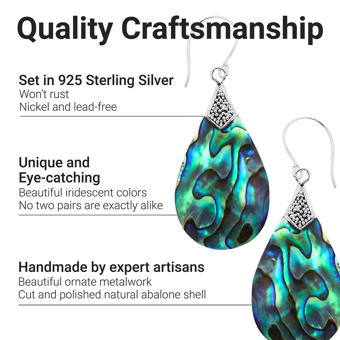 Abalone Shell Dangle Earrings for Women Sterling Silver 925 - Unique Vintage Beach Boho Earrings - Costume Jewelry Anniversary Engagement Birthday Christmas Gifts for Her