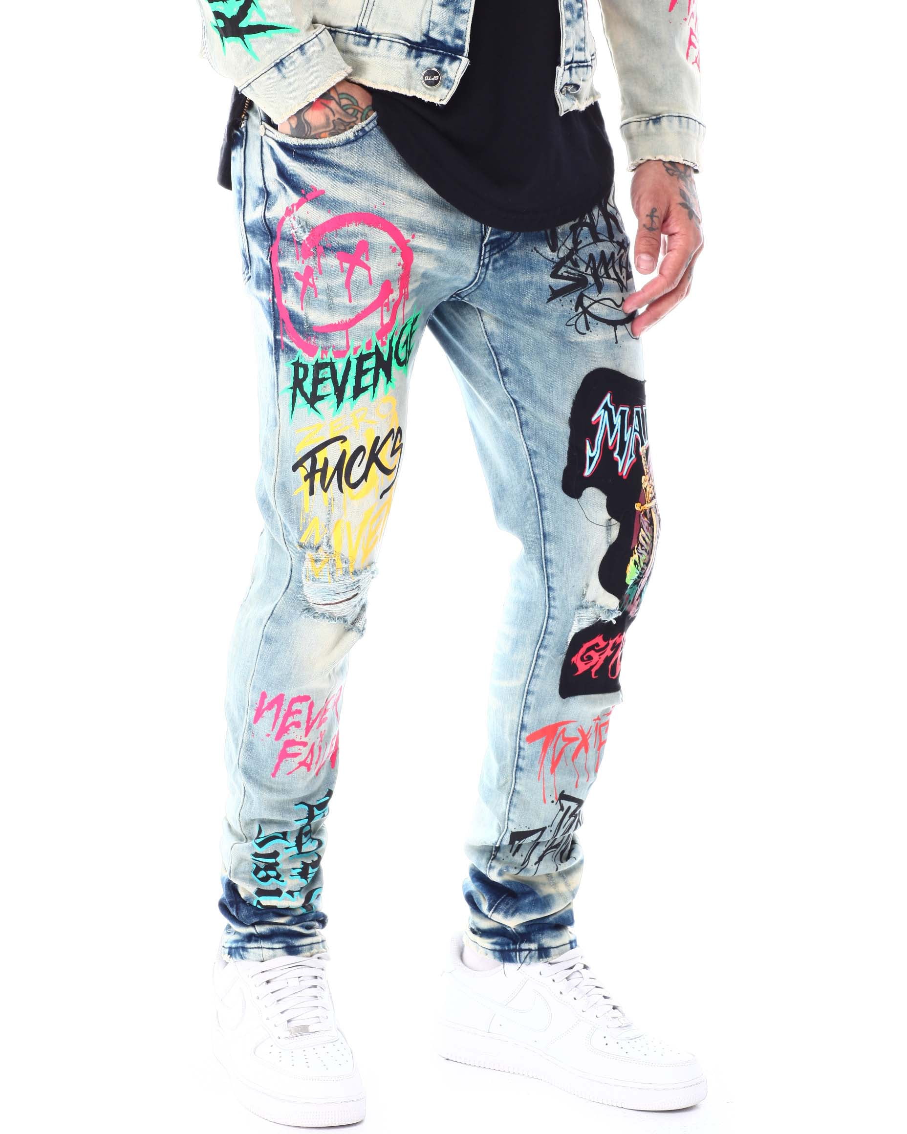 GFTD LA Los Angeles Men\'s Ozz Skinny Fit Painted Details Distressed Rip  Jeans (36, Blue)