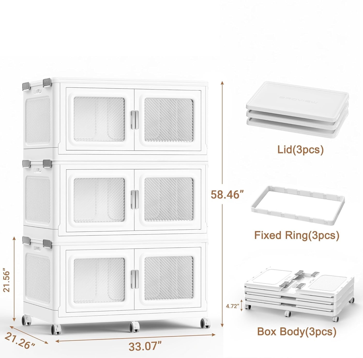 Broview 660QT Stackable Storage Bins with Lids, Extra Large 165Gal Foldable Crates for Family Storage, Kids Sports Gear, Holiday Decor, Space Saving Collapsible Toy, Closet Organizers, 3-Pack White