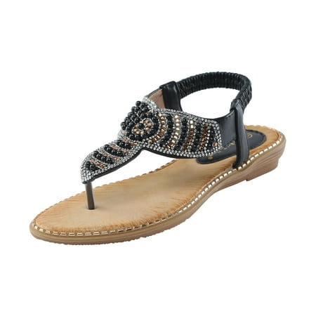 

ZTTD Women Flat Sandals Summer Boho Rhinestone Dress Shoes Comfort Open Toe Elastic Ankle Strap Strapless Sandals Roman Sandals Black