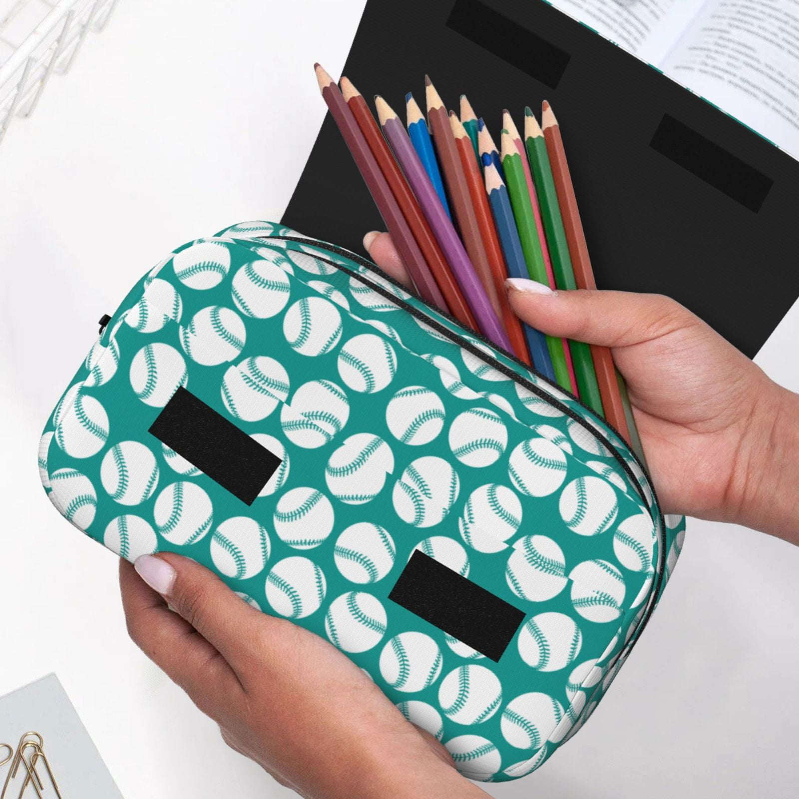 Rateoe Green Baseball Pattern Double Clamshell Pen Case, Storage Organizer with Two Zipper Compartments– Holds Up to 50 Pencils & Pens