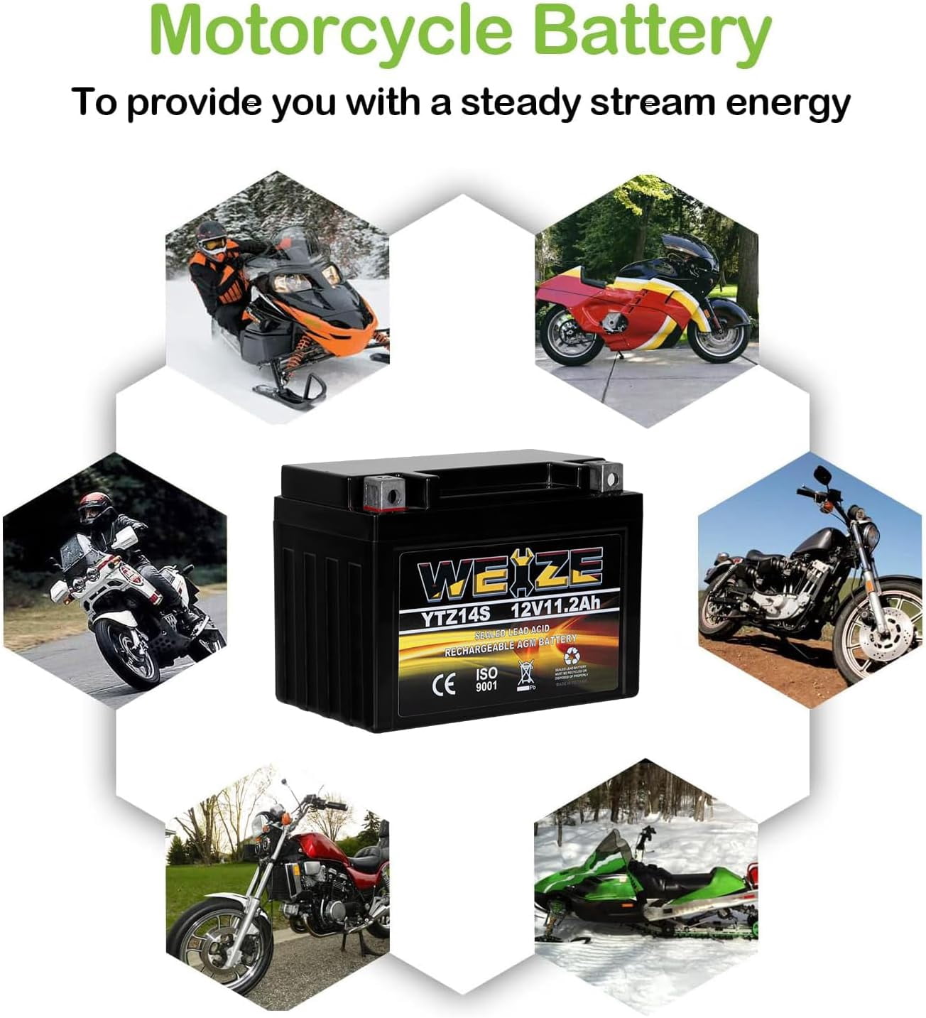 YTX14 BS ATV Battery High Performance - Maintenance Free - Sealed AGM YTX14-BS Motorcycle Battery compatible with Honda Suzuki Kawasaki Yamaha scooter snowmobile