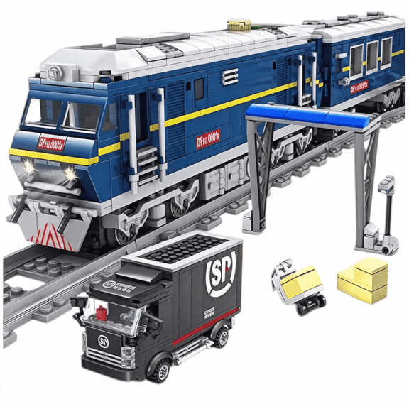 Blue Diesel-Powered Moving Cargo Train Building Blocks Set | 1,002 Pieces | GJ-BTS