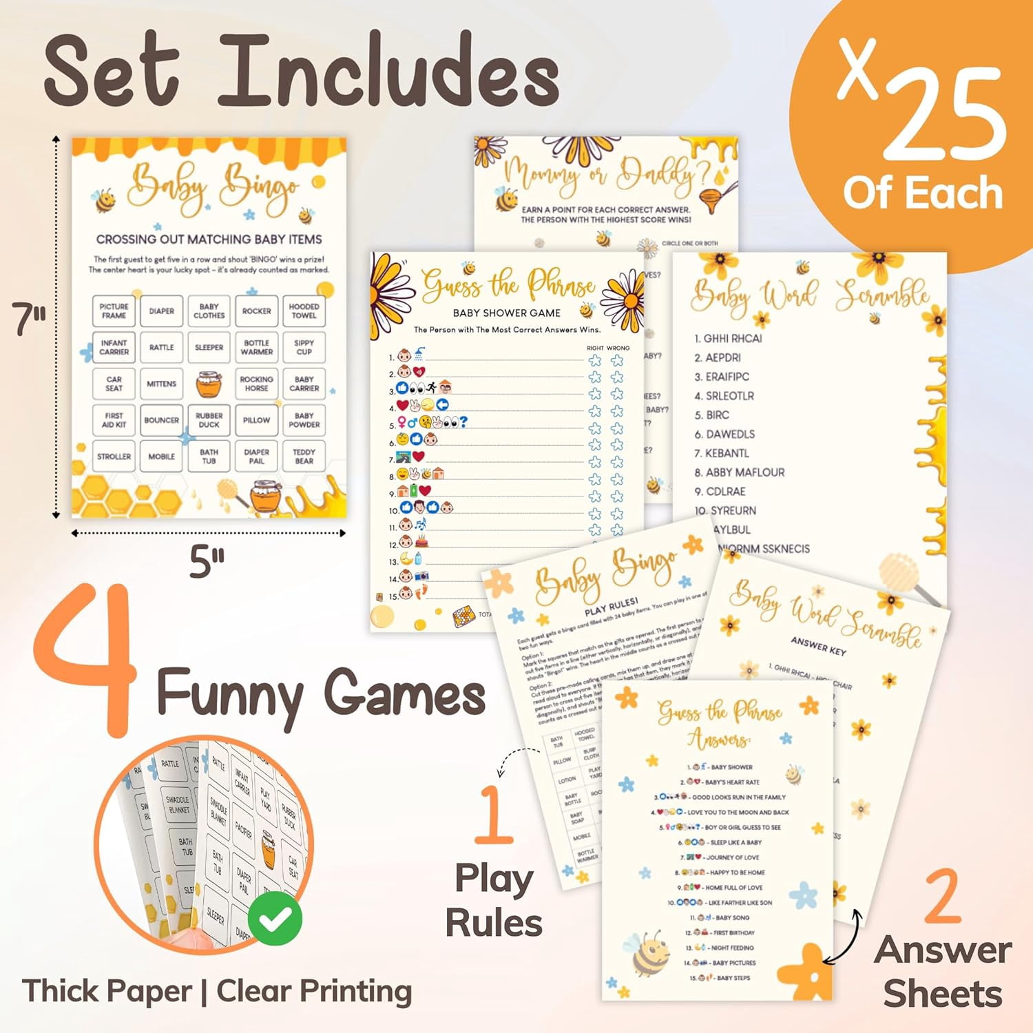 Bumble Bee Baby Shower Games for Girl Boy - 4 Funny Party Games for Bee Baby Shower Decorations, Word Scramble Bingo Mommy Or Daddy Game Cards for 25 Guests