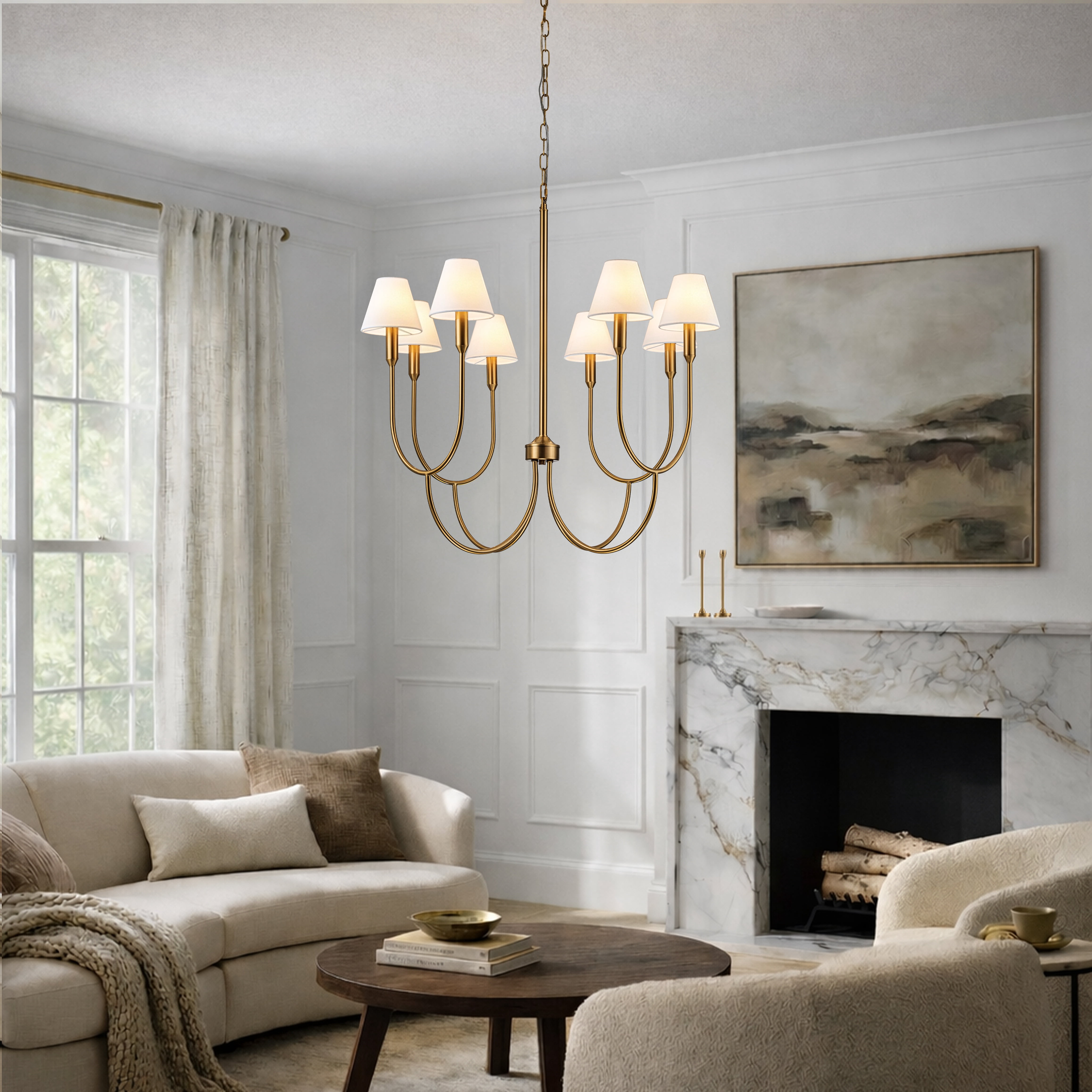 8-Light 32-Inch Mid-century Modern Satin Brass Large Chandelier with White Linen Fabric Shades For Dining Room or Foyers