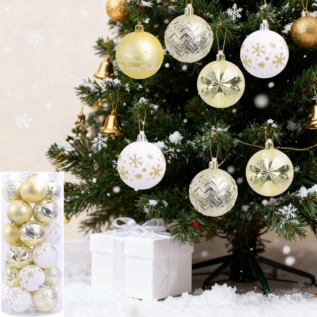 Juego de 24 adornos navideños | Bolas y colgantes de plástico para árbol de Navidad | Caja de regalo con decoraciones colgantes para interiores y exteriores, fiestas navideñas y bodas.