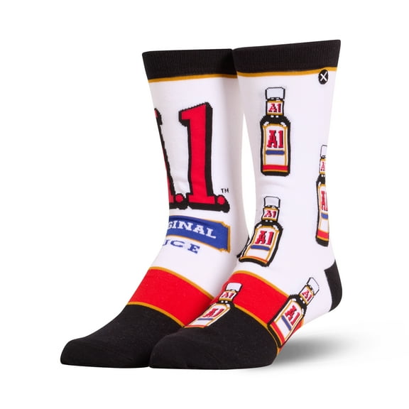 Cool Socks – A.1. Sauce Split Crew Socks – Size Large for Men & Women – Bold Steak Sauce Graphic –